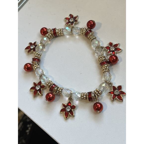 KC KENNETH COLE Christmas Poinsettia Charm Bracelet Enamel & Crystals Stretch - Picture 4 of 6